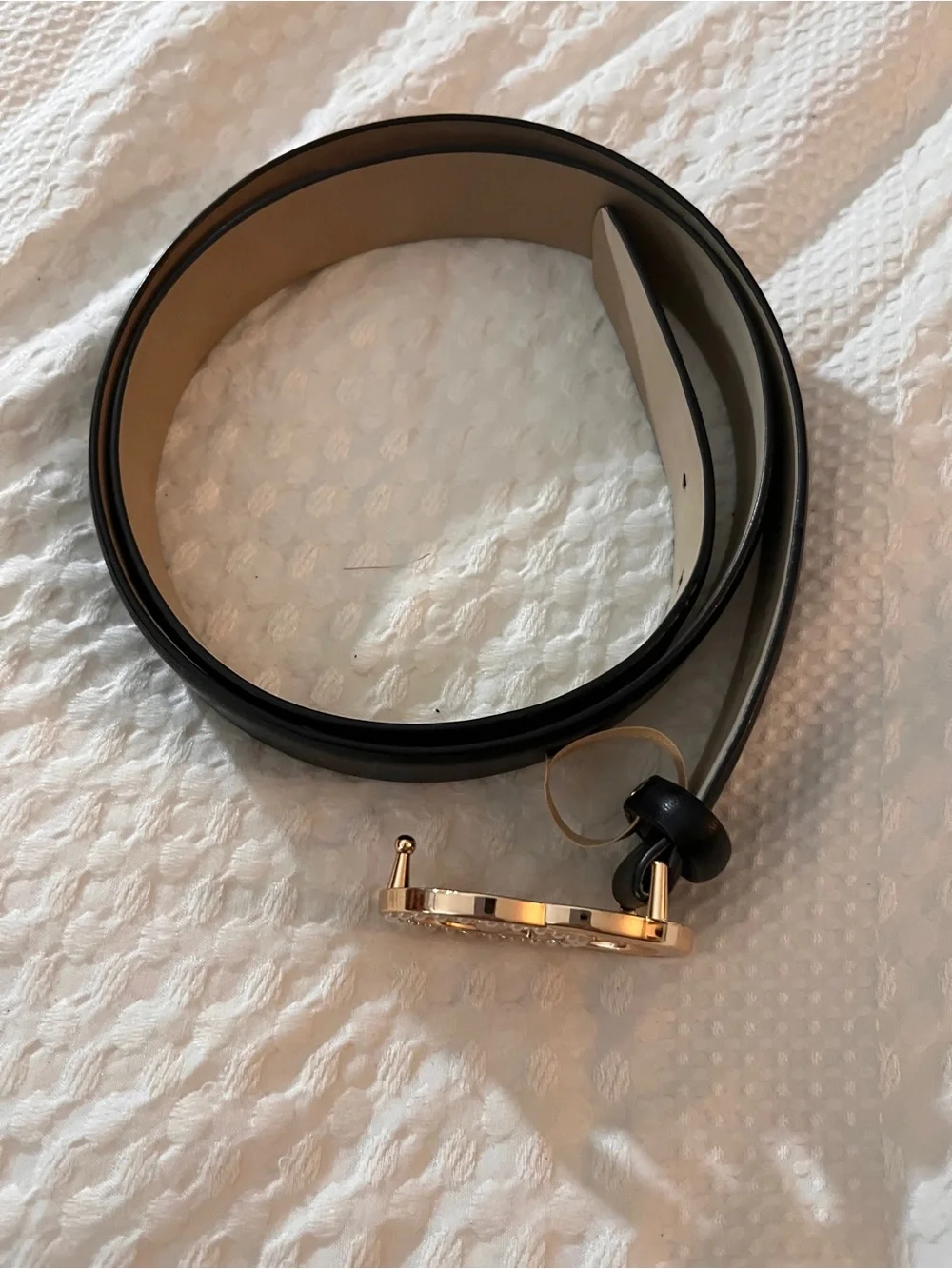 Nine West Black Belt with Gold Pearl-Studded Double Ring Buckle